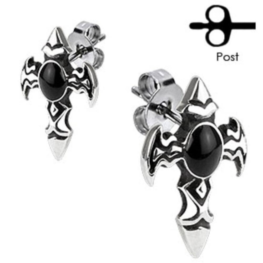 NWOT 316L‎ Surgical Stainless Winged Cross with Onyx Stone Stud Earring